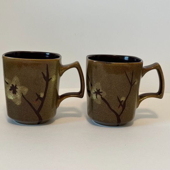 SIMPLE DINING-Square Stoneware, coffee Cup/Mugs. Floral Brown/Green 4" set of 2. - Picture 8 of 10
